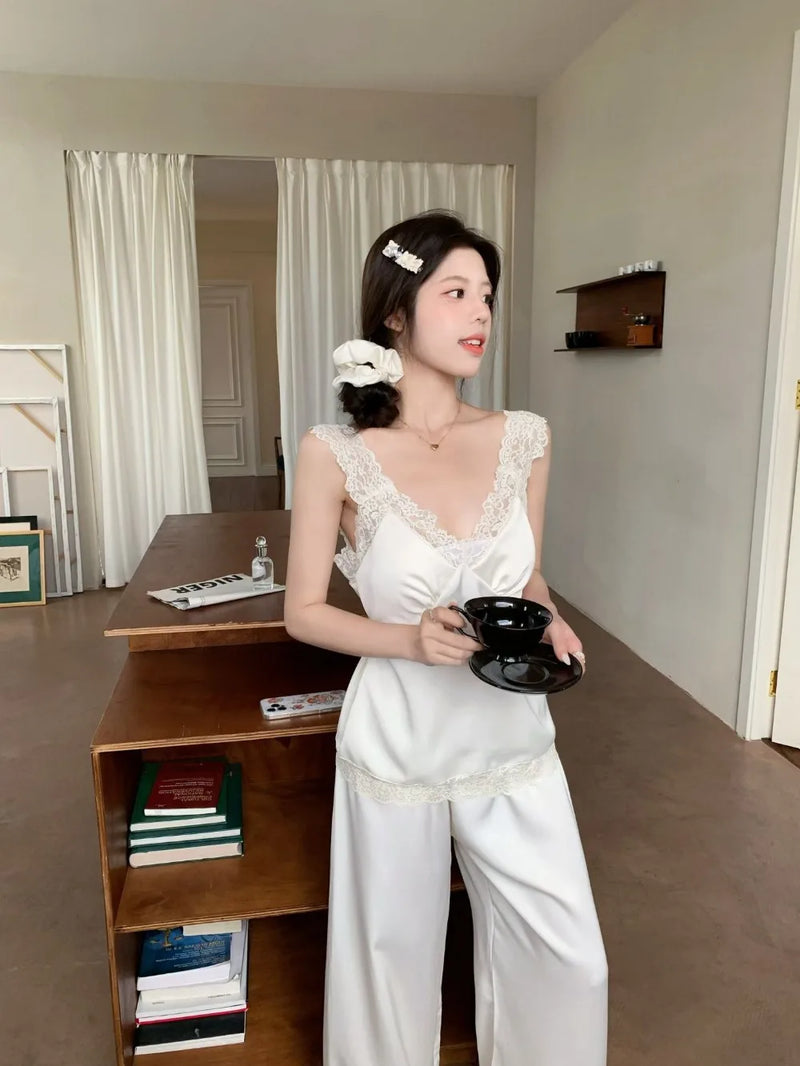 Womens Sleeveless Loungewear 2-Piece Lounge Set Soft Pajama v-neck Top and Long Pants Sleepwear Thin Home Wear Women pijama