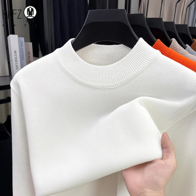 Soft Knitted Half High Neck Sweater Men Full Fleece Lined Thermal Pullover Breathable Long Sleeve Outfit For Fall Winter