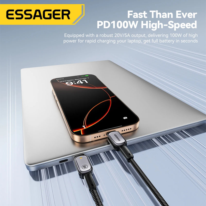 ខ្សែសាក Essager LED 100W ប្រភេទ C ទៅប្រភេទ C សម្រាប់ iPhone 16 15 Xiaomi Huawei 5A/3A PD សាកថ្មលឿនសម្រាប់ Macbook iPad Pro ថេប្លេត កុំព្យូទ័រយួរដៃ