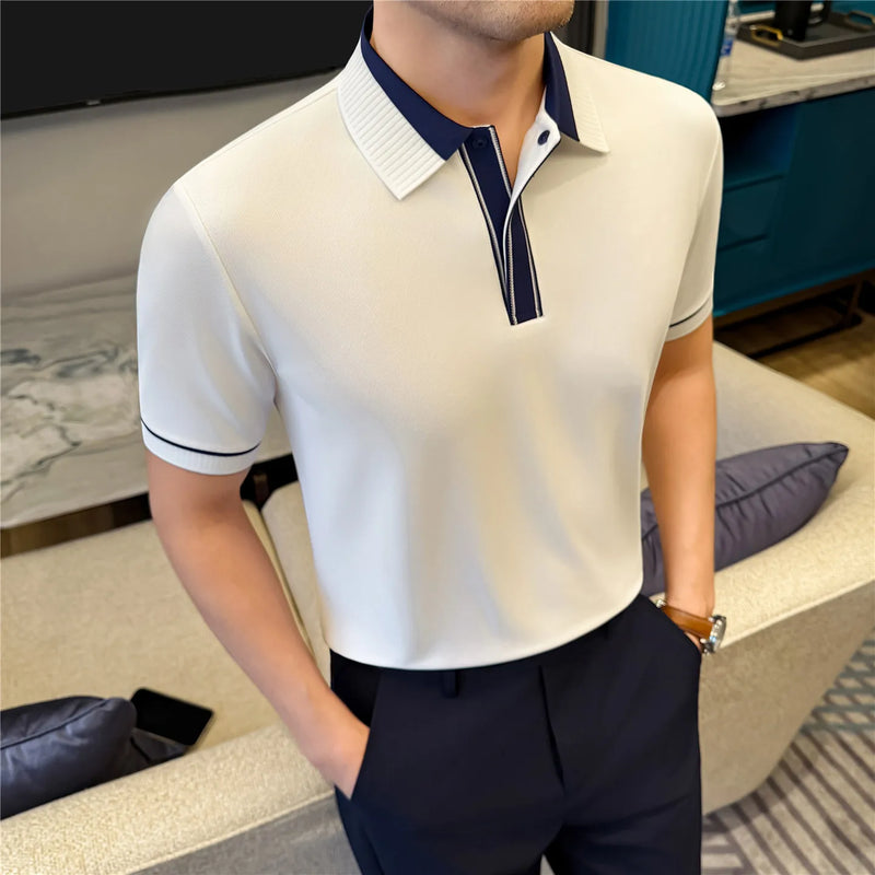 Men's Cotton Spandex Polo Shirt - Comfortable Stretch Short Sleeve with Contrast Collar & Hidden Button Placket