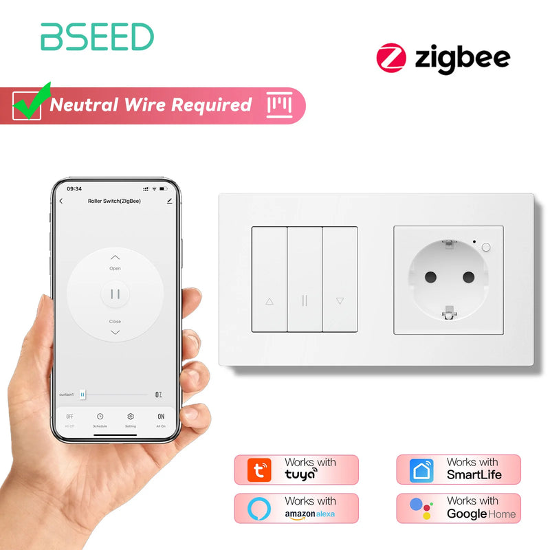 BSEED E Series Zigbee Shutter Switch Smart Click Button Switch for Blinds Plastic Frame Support Tuya Smart Life Alexa Control