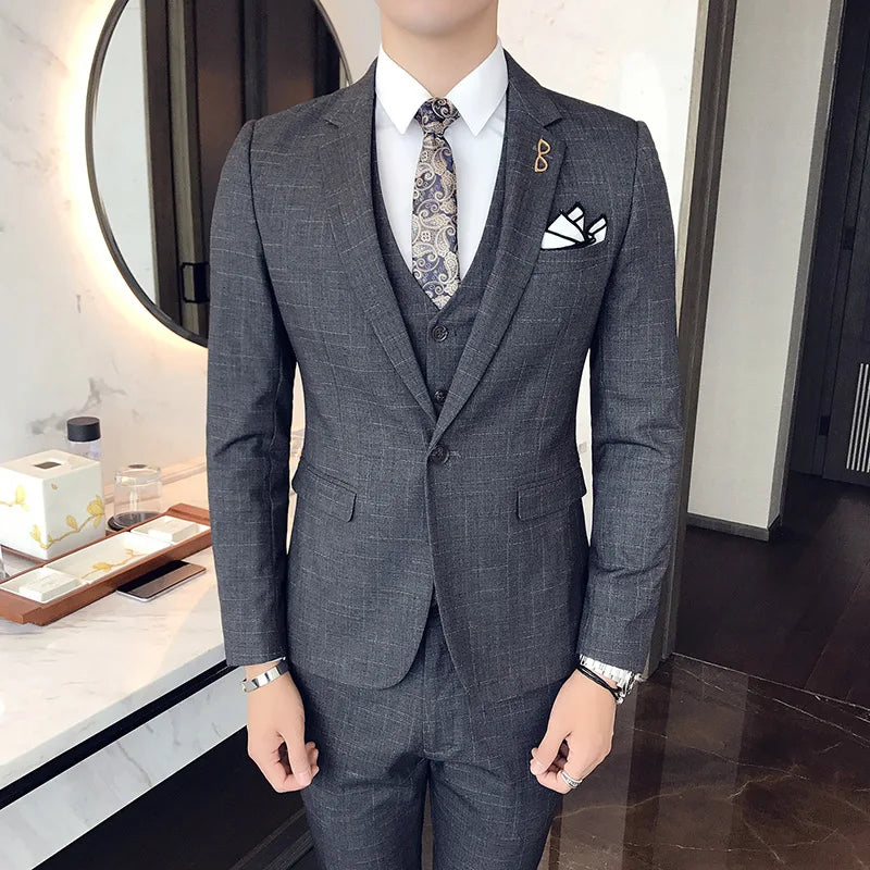 2026 Men Black Classic Striped/Checked Suits, Men's Business Office 3-Piece, Asian Size Slim Fit Sets, Blue/Gray Available