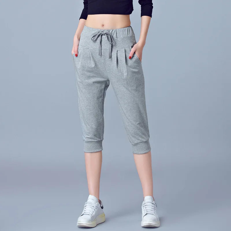 Women Blue High-waisted Stretch Cropped Pants, Summer Gray Lightweight Athletic Harem Pants, Black Drawstring Shorts, Asian Size