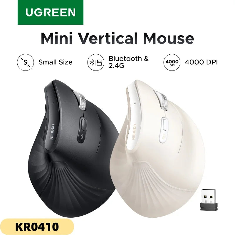 UGREEN Vertical Mouse Wireless Small Size Bluetooth5.0 2.4G Ergonomic 4000DPI for MacBook Tablet Laptops Computer
