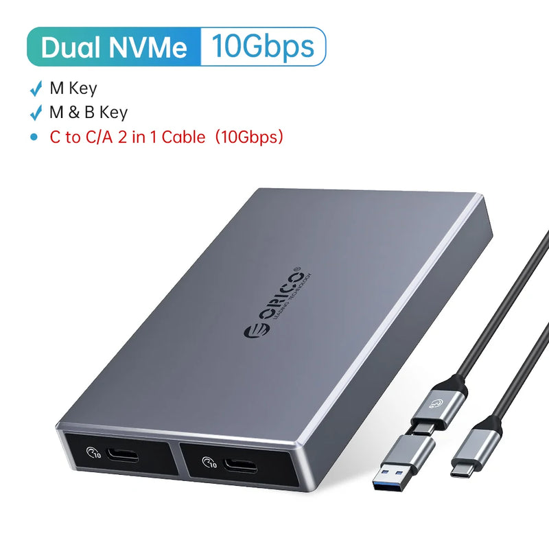 ORICO Aluminum Alloy Dual Bay Dual NVMe M2 SSD Case Support M.2 NVMe SSD Disk For M Key B&M Key SSD Tool Free Enclosure