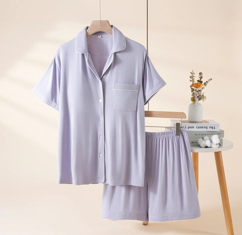 Modal Women's Pajamas Summer New Short-Sleeved Lapel Collar Tops Loungewear Comfortable 2 Pcs Sleepwear Pijama Homewear Set