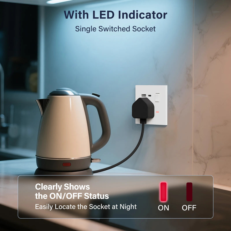 BSEED UK Standard Switched Wall Socket with USB Type-C Port 13A Electric UK Outlet with Switch On Off Integrated Panel Plastic