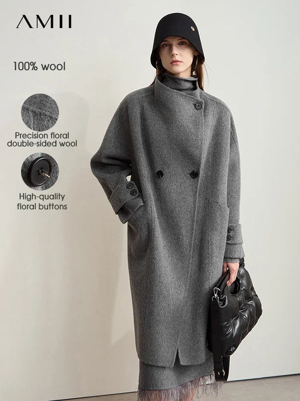 AMII Minimalism 100% Wool Double-sided Woolen Coat for Women 2026 Winter Commuter Raglan Sleeve Loose Long Outerwear 12424063