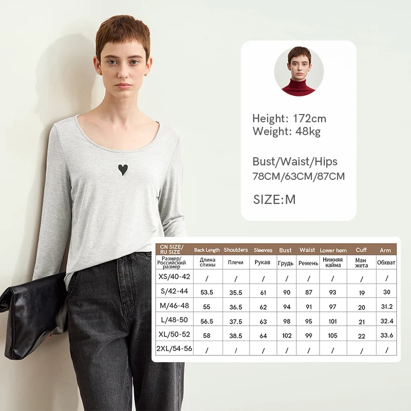 Amii Women's Casual T-shirt 2026 Autumn New Contrast Color Print U-neck T-shirt Female Cotton Basic Long Sleeve Top 12611034
