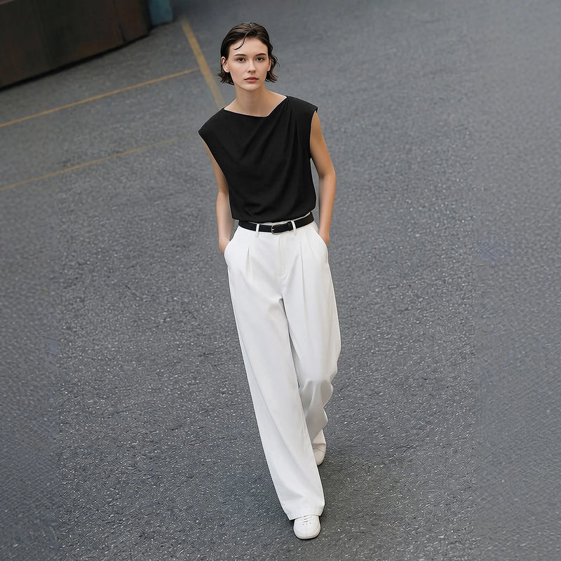 Amii Off Shoulder Women's T-Shirt 2026 Summer New Cap Sleeve Asymmetric Pleated Top Simple Office Casual Tee For Women 12622118