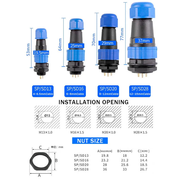 ឧបករណ៍ភ្ជាប់អាកាសចរណ៍ SP13 SP16 SP17 SP20 SP21 ឌុយ និងរន្ធរាងជារង្វង់ការពារទឹកជ្រាប 2–12 ម្ជុល IP68 សម្រាប់ LED ដ្រូន ឧស្សាហកម្ម
