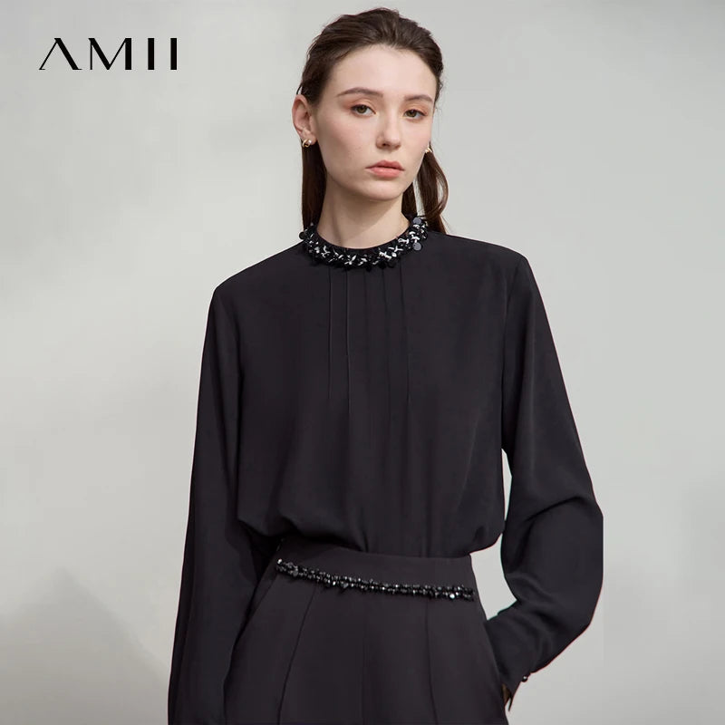 អាវស្រី AMII ពណ៌ស រចនាប័ទ្មតិចតួចបំផុត រដូវស្លឹកឈើជ្រុះ ឆ្នាំ២០២៥ អាវស្រីបែបបារាំង កអាវរលុង ឆើតឆាយ អាវក្រណាត់ chiffon សម្រាប់នារីការិយាល័យ 12523053