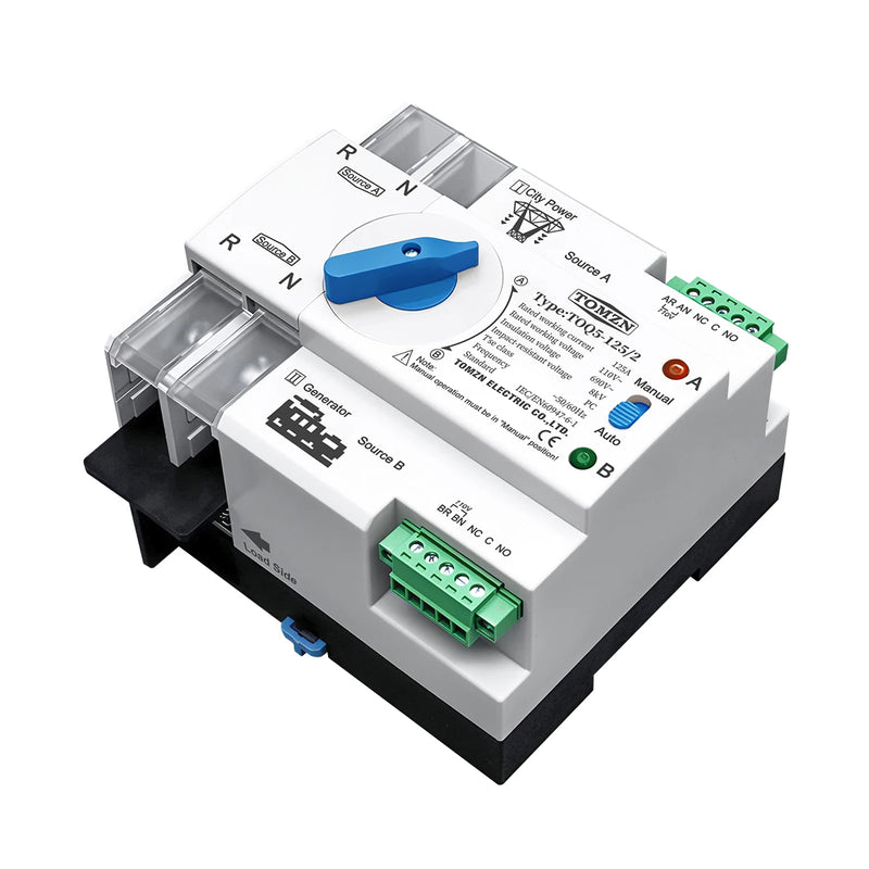 Din Rail 2P 3P 4P ATS Dual Power Automatic Transfer Switch Electrical Selector Switches Uninterrupted Power 63A 100A TOMZN Mini