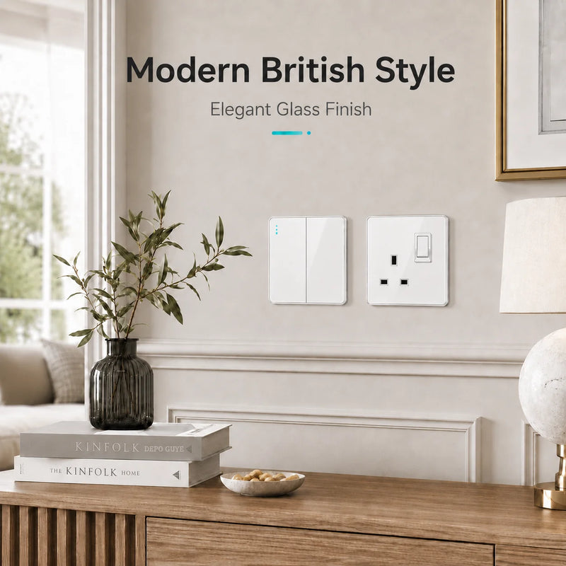 White Tempered Glass 2Way Wall Light Switch, UK Wall 18W Type-C Fast Charging USB Socket, Universal Electrical Outlet Plug 220V