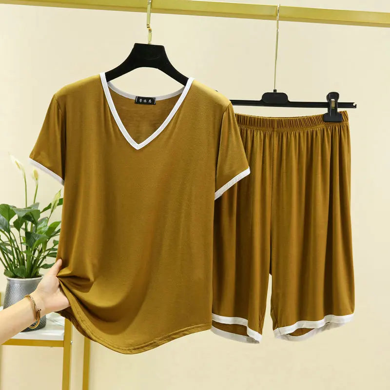 Summer Ensemble Femme 2 Pièces New Modal Short Sleeve Sleepwear Set V Neck T-Shirt Shorts Suit Casual Pajamas Women Nightwear
