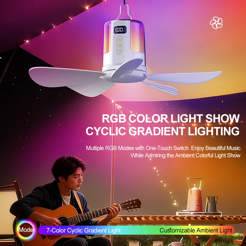 កង្ហារពិដាន 10800mAh កង្ហារដំបូល ភ្លើង RGB ព័ទ្ធជុំវិញ កង្ហារពិដានចល័ត ដំណើរការដោយថ្ម កង្ហារពិដានឥតខ្សែសម្រាប់បោះតង់