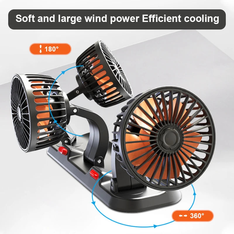 SEAMETAL Car Fan 360° Adjustable 3 Head Air Fan Automotive Electric Fan USB/12V/24V 2 Speeds Car Silent Fan for Car Home Office