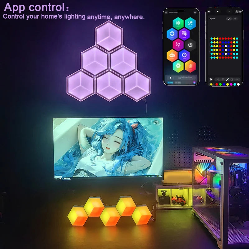 6/10pcs 3D Hexagon Wall Lights App Control Light RGB Wall Decor Lights Music Sync Light WiFi Enabled Light for Gaming Room