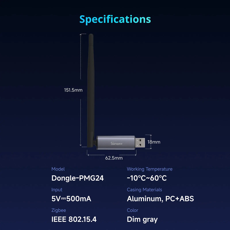 SONOFF Dongle Plus MG24 Zigbee Thread USB Dongle EFR32MG24 New-Powerful Chip Max 4.5dBi High-Gain Antenna Aluminum Zigbee2MQTT
