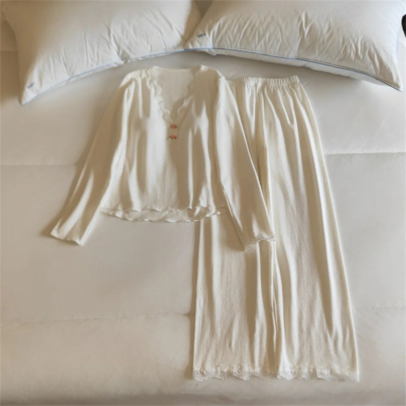 2 Pieces V-neck Women’s Loungewear Chest Pads Sleepwear Women Nightwear Autumn New Long Sleeve Pajamas Set Elegant Loungewear