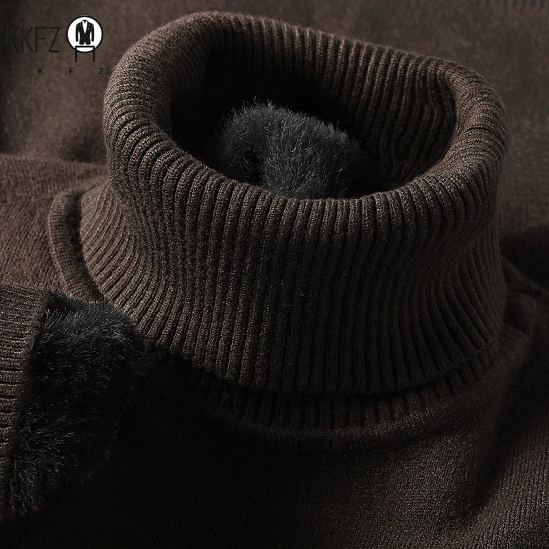 Men's Slim Fit Long Sleeve Turtleneck Sweater Anti-Pilling High Quality Knitted Solid Color Pullover Trendy Men's Clothing