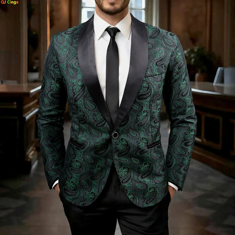 Men's Green Long-sleeve Blazer, Cashew-Print Suit Jacket, Suitable for Weddings, Parties, and Stage Performances.
