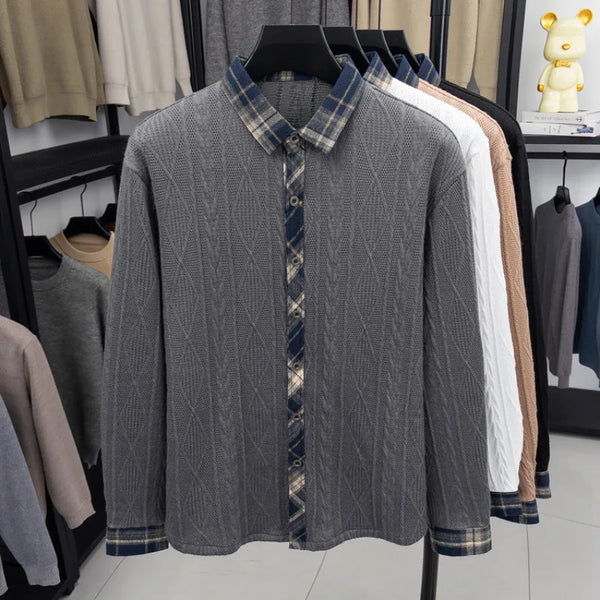 Men's Color Block Checked Knit Shirt - Casual Slim Fit, Soft Cotton Blend for Office & Daily Wear