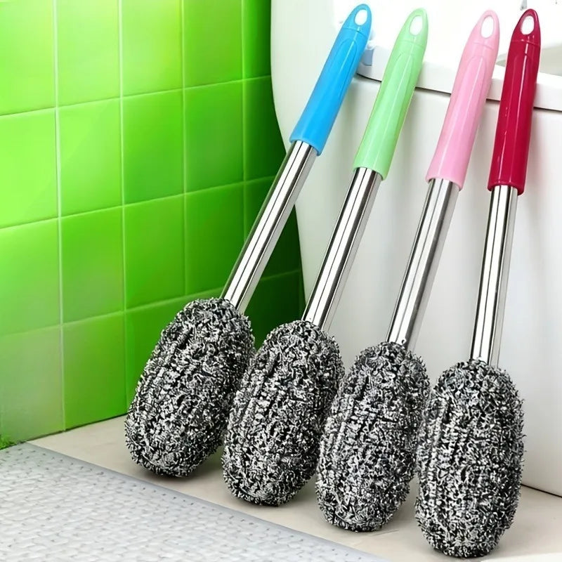 1pc Random Color Stainless Steel Brush, Ergonomic Extended Handle, Durable Easy Clean for Bathroom & Indoor Floors.