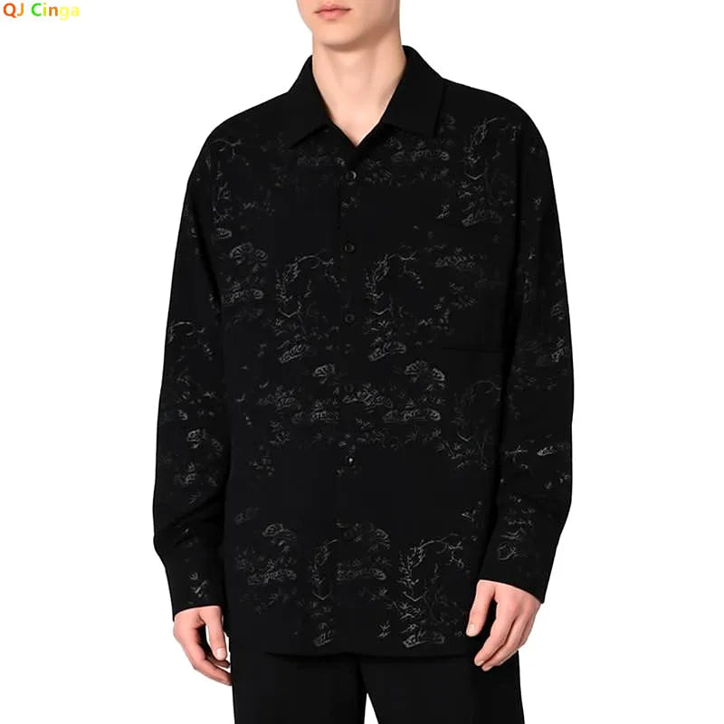 Men's Black Long-sleeve Printed Shirt, Single-breasted Button-down Shirts, Suitable for Weddings, Parties, Business,Casual Wear.
