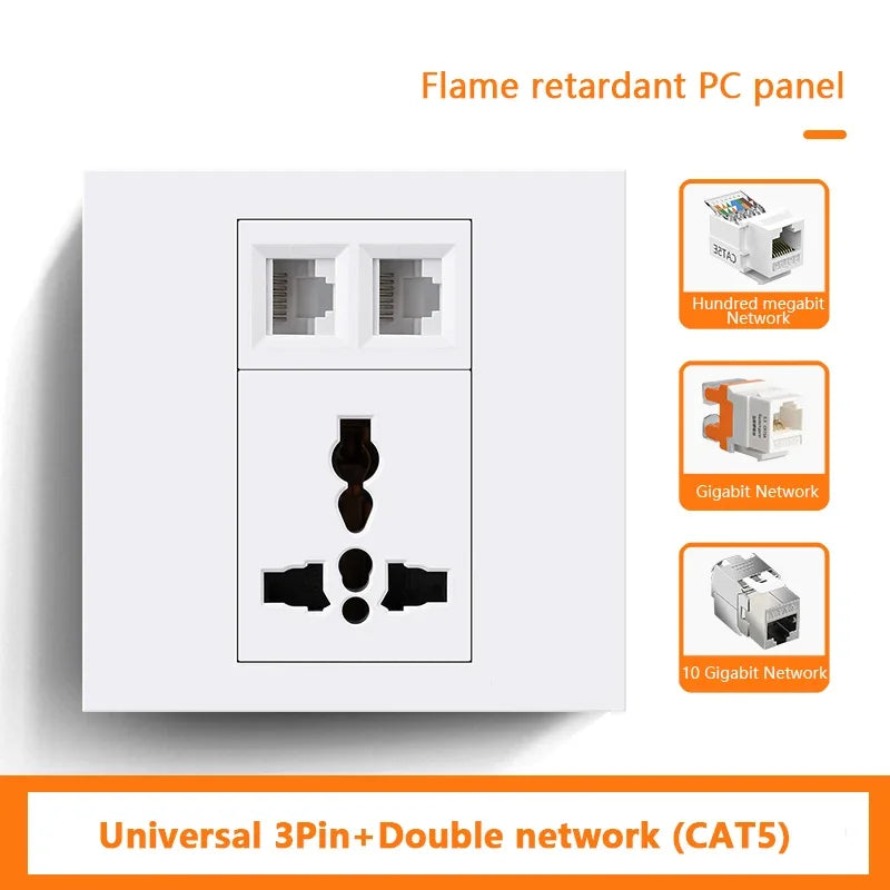 Universal 3-pin Wall Power Socket with Cat6 Network /HDML /USB Type-c/Fiber UK Wall PC Socket Intelligent Electrical Outlet plug
