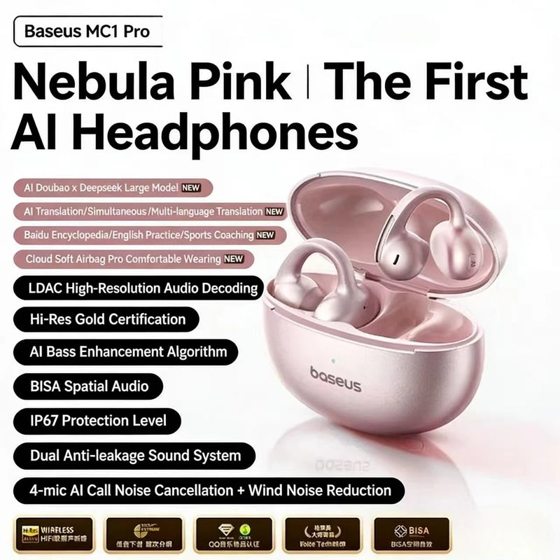 កាសស្តាប់ត្រចៀកឥតខ្សែ Baseus MC1 Pro កាសស្តាប់ត្រចៀកប៊្លូធូសបើកត្រចៀក IP67 ការពារទឹកជ្រាប ENC សំឡេងរំខាន កាសស្តាប់កីឡា លេងបានយូរ