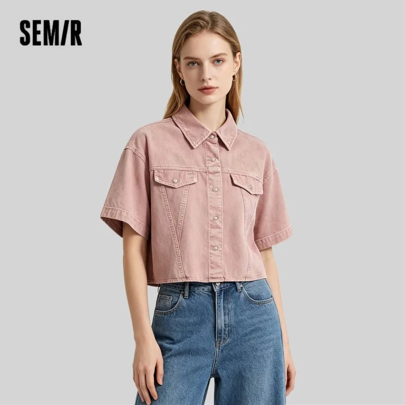 Semir Women Shirt Denim Short Length Loose Drop Shoulder Slit Slim Fit Cool Petite Street Style Top 2026 Summer Fashion Casual W