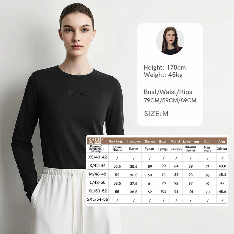 Amii Women's Long Sleeve Top 2026 Autumn New Letter Embroidered Elastic Women's T-shirt Round Neck Basic Versatile Tee 12613006