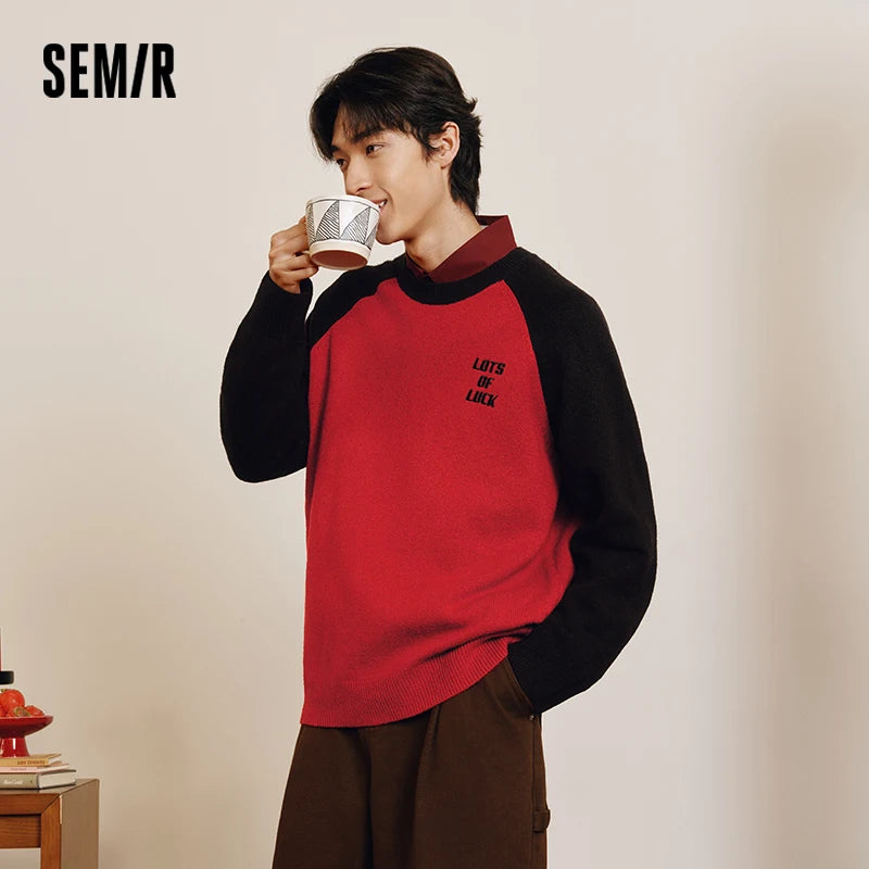 Semir Cozy Sweater Men 2026 Spring Fleece Embroidered Color Block Loose Knit Top New Year Red Casual Comfortable Wear