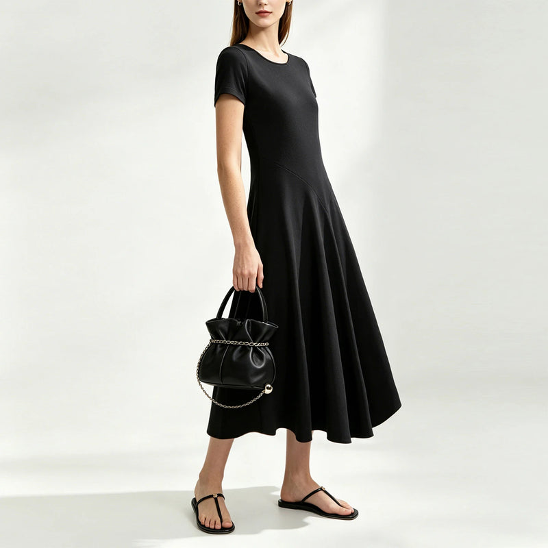 Amii U-Neck Women's Dress 2026 Summer New Slim Short Sleeve Fit A-Line Midi Dress Solid Color Casual Women's Clothing 12642201