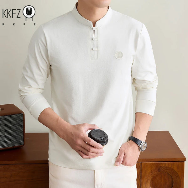 Mens Spring Autumn Henley T Shirt Long Sleeve Mandarin Collar Embossed Logo Breathable Comfort Casual Outfit