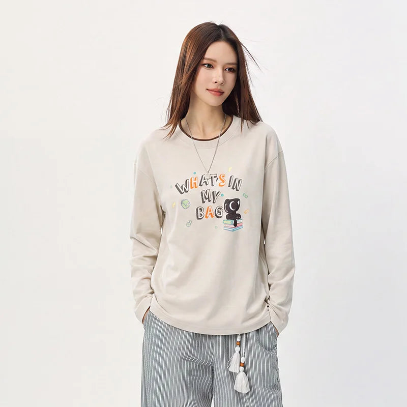 Semir Women Tshirt Cotton Fabric Color Block Long Sleeve Oversized Fit Mid Length Retro Style 2026 Autumn Soft Comfort