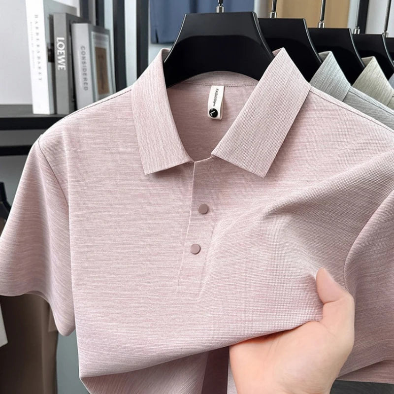 Seamless Color Cotton Polo Shirt Men Flat Knit Business Casual Short Sleeve, Breathable Quick-Dry Tee