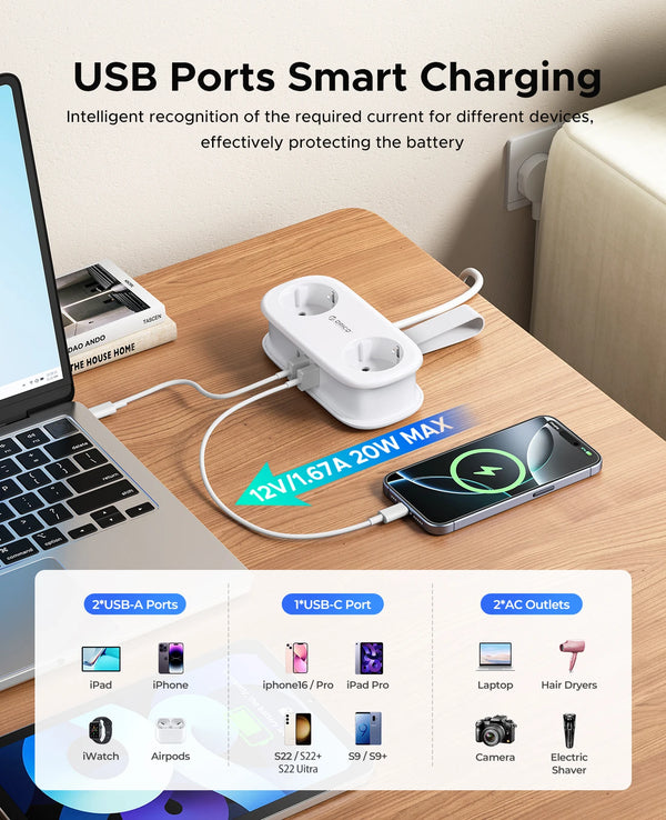 ORICO 20W EU Plug Electrical Power Strip with 2AC Outlets 2USB 1 Type-C Port 1.53M Extension Cable Smart Socket for Home/Travel