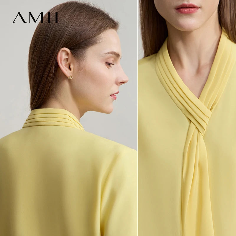 អាវ Amii Minimalist Chiffon សម្រាប់ស្ត្រី អាវតូច ក V ដៃវែង រចនាប័ទ្មធ្វើដំណើរ អាវធំត្រង់រាងបំពង់ 12511095