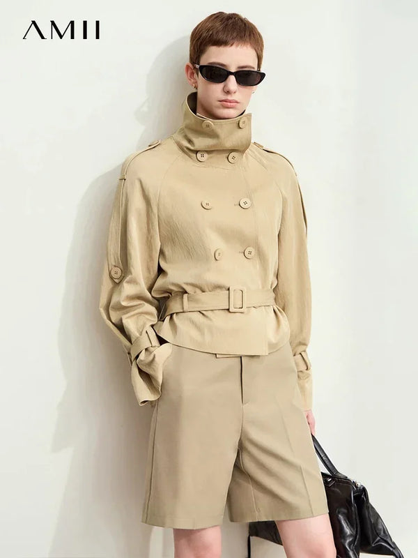 Amii Minimalism Short Trench Coat Women 2026 Autumn New Turtleneck Lapel Double Breasted With Belt Trendy Loose Jackets 12443105