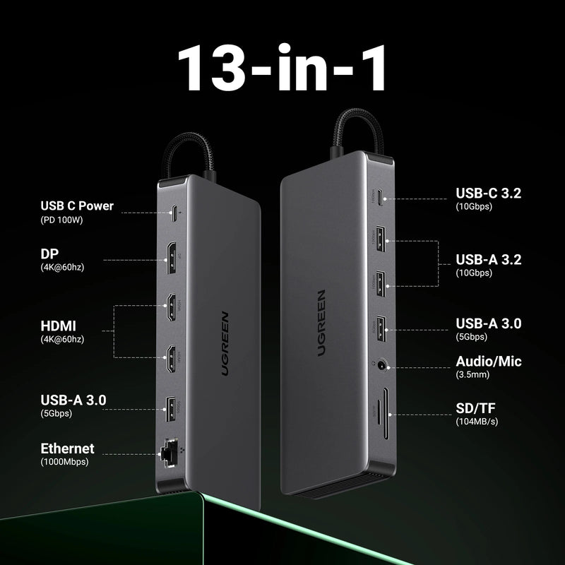 UGREEN 13-in-1 USB HUB Triple Display Type-C to 4K60Hz DP 2xHDMI RJ45 SD/TF 3.5mm 10Gbps Data Ports Dock for Dell HP Laptop