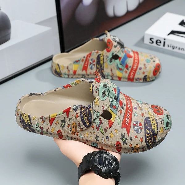 Men's Cartoon Alien Space Print Closed Toe Slip On Clogs Strap-Free EVA Waterproof Casual Indoor Outdoor Mules Slide sandals