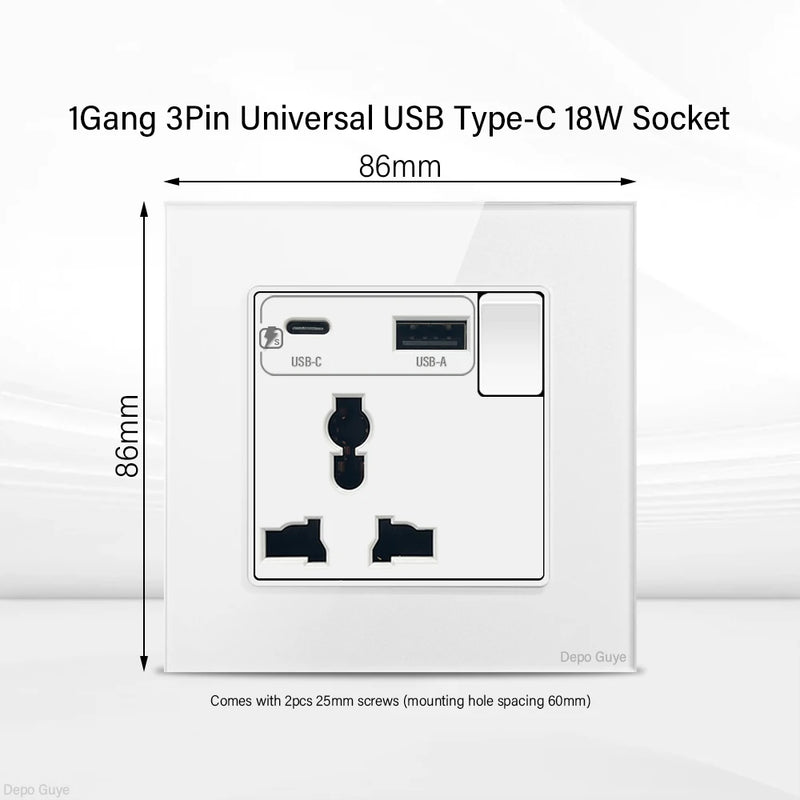 UK Standard 18W Type-C Fast Charging Universal Dual 3pin Power Outlet,White Tempered glass Wall light Switch Panel  For Home