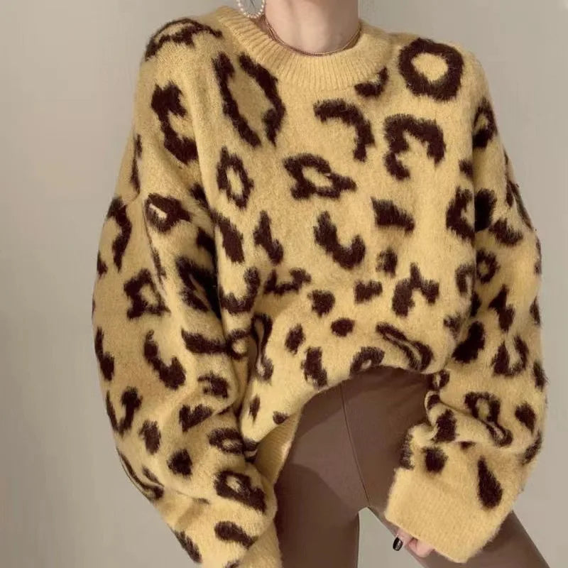 Knitted Pullover Sexy Loose Lazy Leopard Print Sweater Women's South Korea Contrasting Color Thick Soft Crew Neck Jumper Top