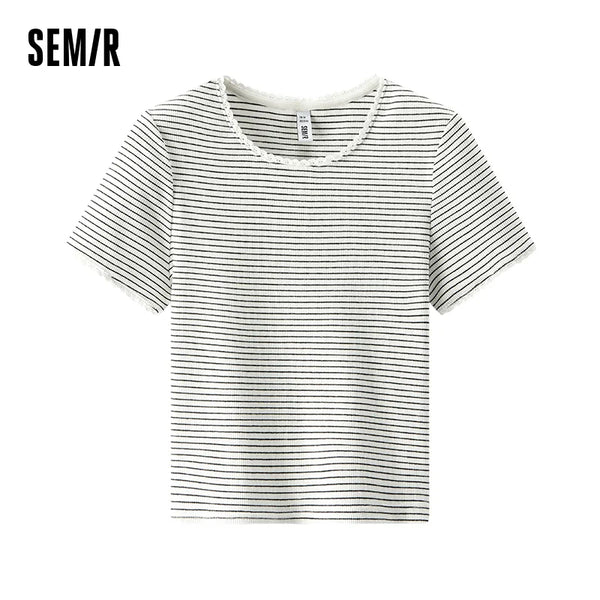 អាវយឺតនារី Semir ឆ្នាំ ២០២៦ កអាវខ្លី ចរ ស្ដើង ឆ្នូត ឆើតឆាយ ទន់ភ្លន់ ធម្មតា ទន់