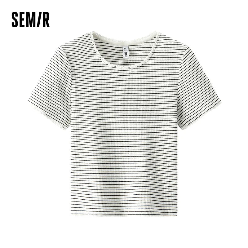 Semir Womens Tshirt 2026 Short Lace Crew Neck Slim Striped Elegant Gentle Casual Soft
