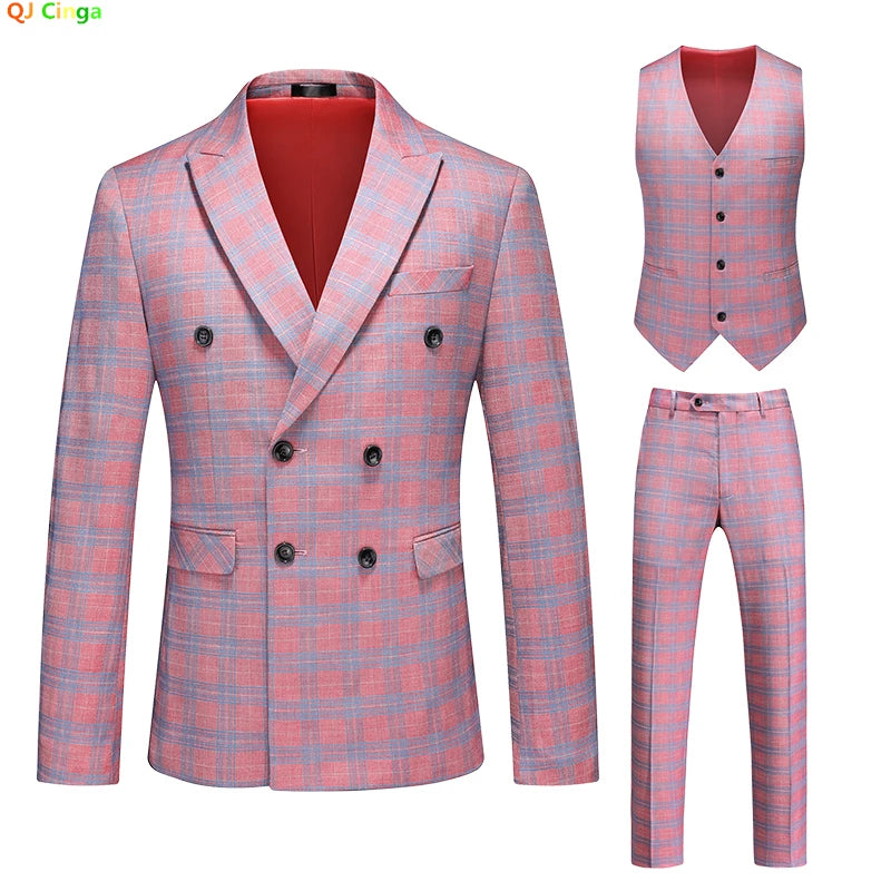 Men's Black-White Striped Plaid Suit 3-Piece, Wedding Party Dress Jacket and Vest with Trousers, Asian Sizes Red Slim Fit Sets.