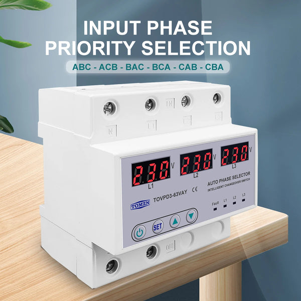 Three Phase 3P+N Din Rail Phase Selector Voltmeter with Adjustable Over and Under Voltage Protection Monitor Relays Protector