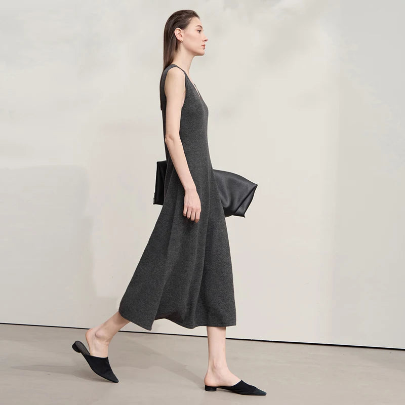 AMII Womens Dresses 2026 Autumn New Casual Elegant Ladies Clothing V-neck Sleeveless Knitted A-shaped Dresses For Woman 12543159